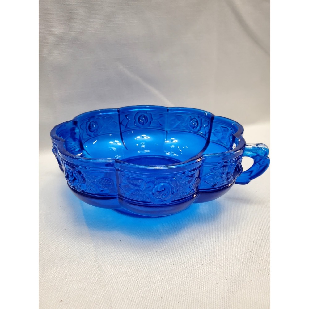 Vintage Blue Flash Jeannette Glass Aztec Rose Double‎ Handled Candy Dish